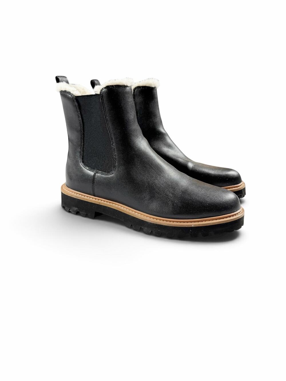 J. Crew Lug Sole Faux Fur Lined Chelsea Boots Black Size 10
